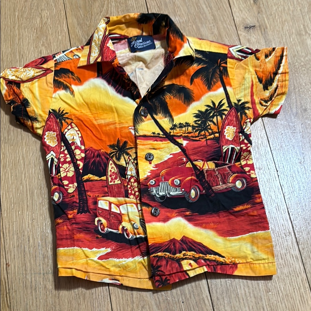 Kids Hawaiian Shirt with Cars and Surfboards